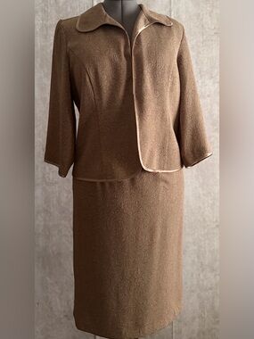 VTG Miss Dorby 2pc Womens Beige Textured  Paisley Jacket Skirt Set Sz 14P